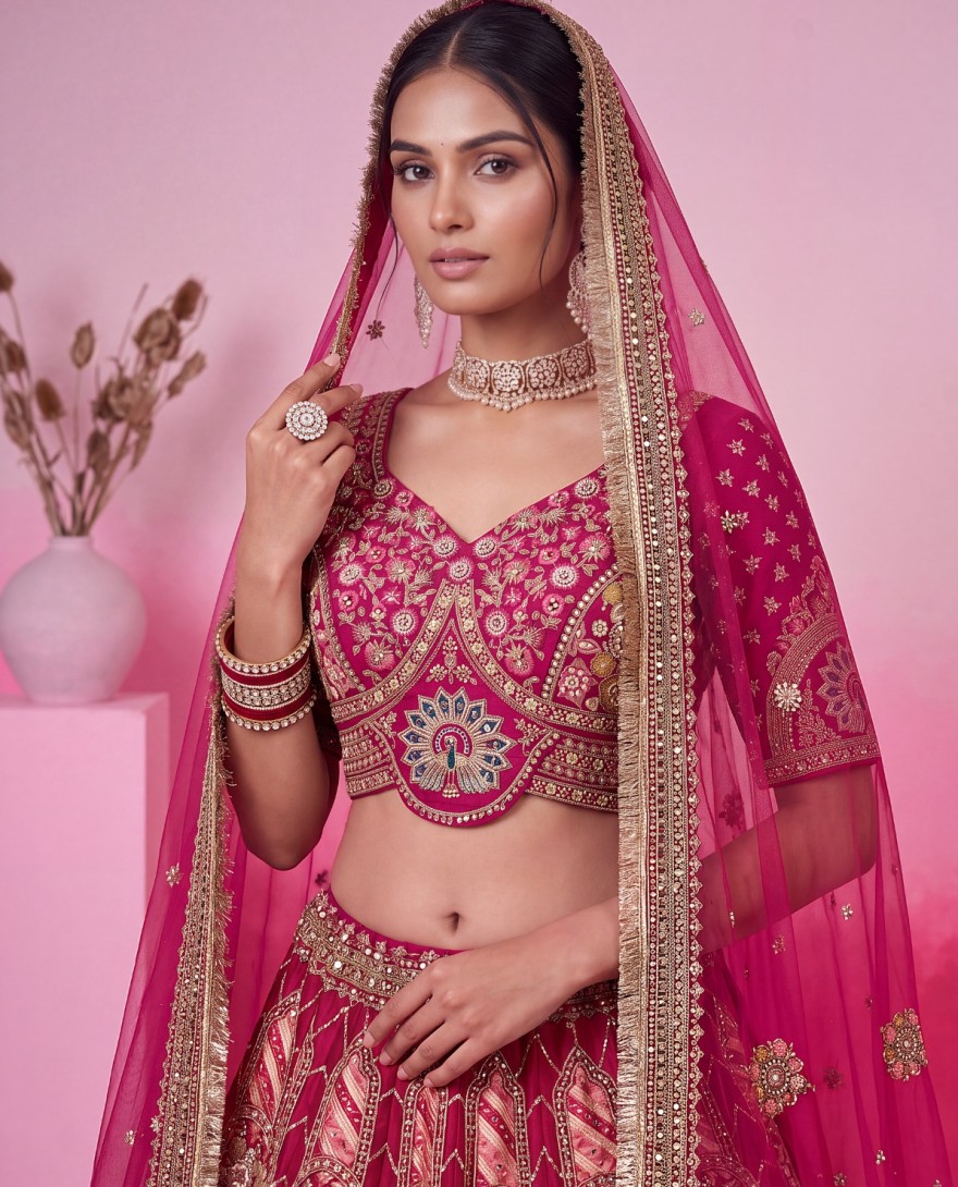 3068 - Rani Pink Silk Bridal Lehenga Choli With Gota Patti